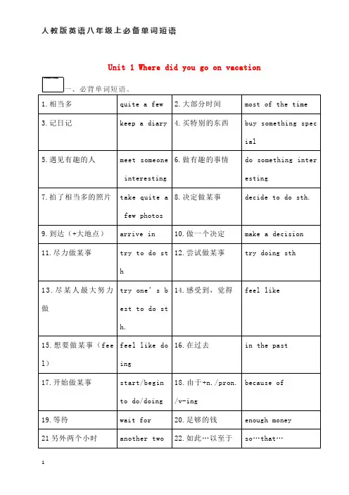人教版英语八年级上必备单词短语