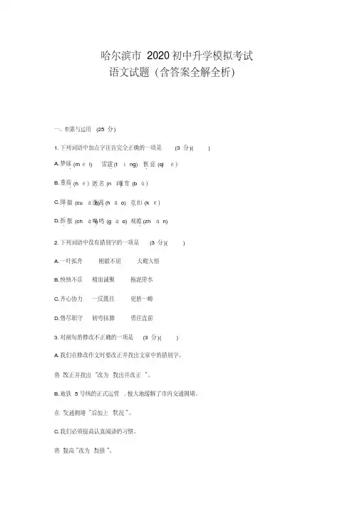 2020黑龙江哈尔滨中考语文模拟测试卷(试卷+答案)