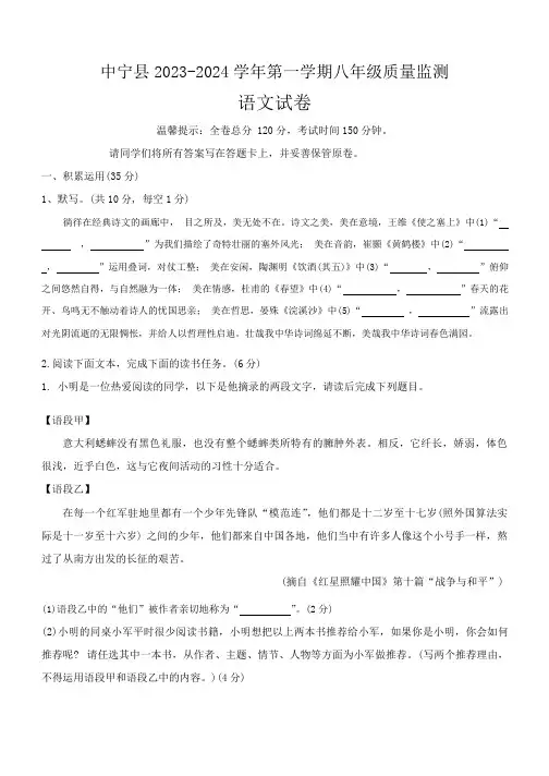 宁夏回族自治区中卫市中宁县2023-2024学年八年级上学期期末考试语文试题