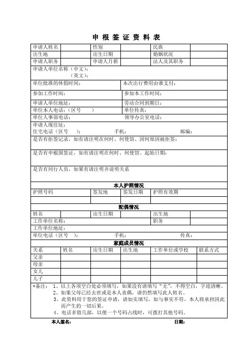 申根签证资料表