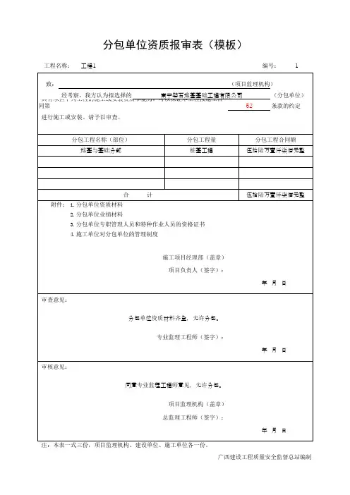 分包单位资质报审表(模板)