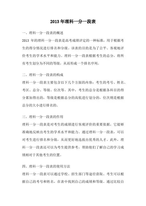 2013年理科一分一段表