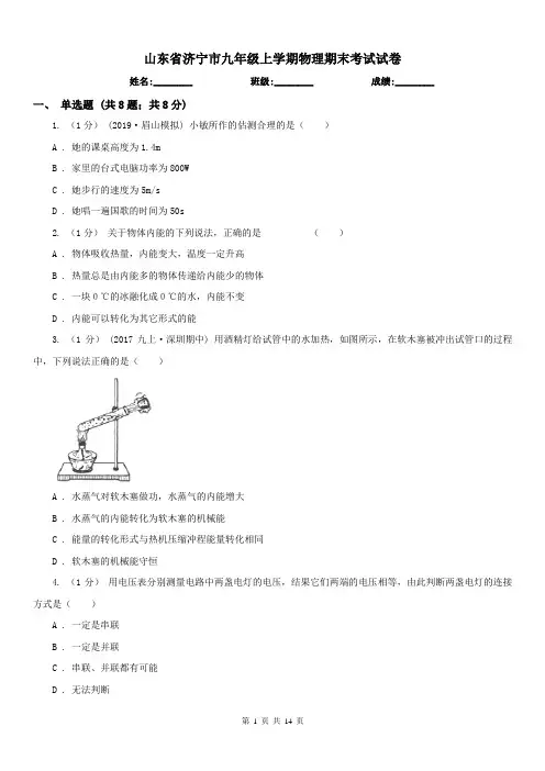 山东省济宁市九年级上学期物理期末考试试卷
