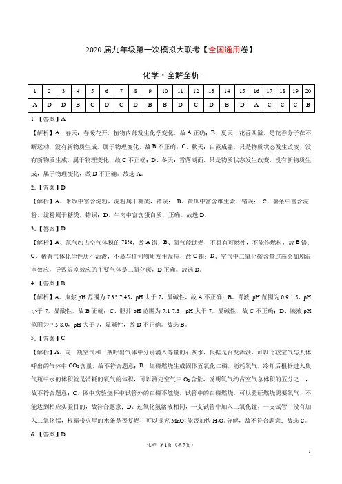 (全国通用卷) 2020年九年级化学第一次模拟大联考(全解全析)