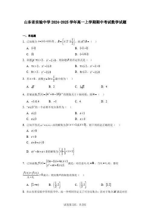 山东省实验中学2024-2025学年高一上学期期中考试数学试题