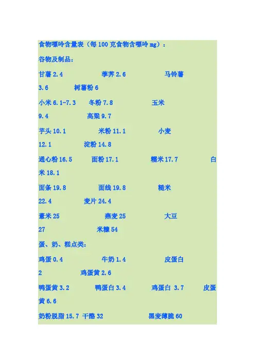 食物嘌呤含量表
