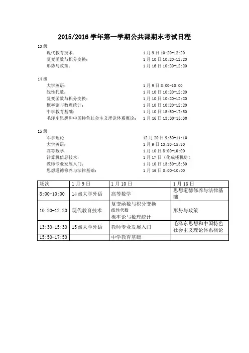20152016学年第一学期公共课期末考试日程