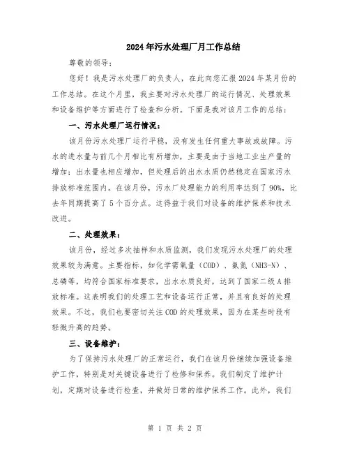 2024年污水处理厂月工作总结