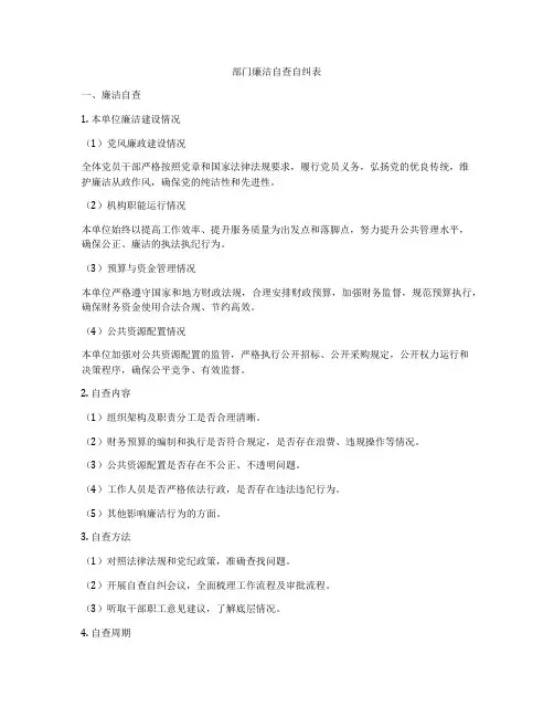 部门廉洁自查自纠表
