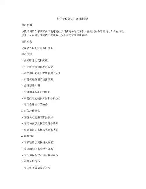 财务岗位新员工培训计划表