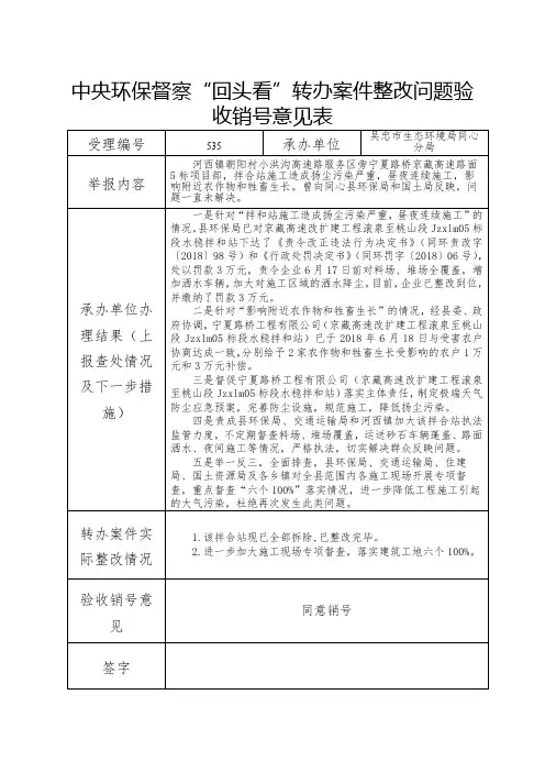 中央环保督察回头看转办案件整改问题验收销号意见表
