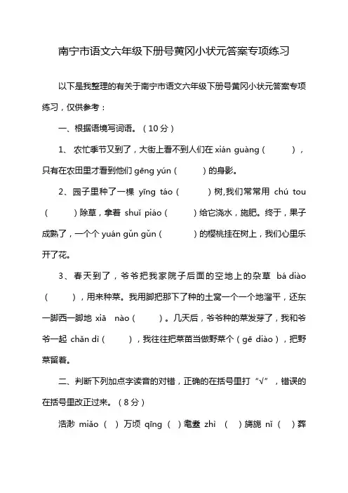 南宁市语文六年级下册号黄冈小状元答案专项练习