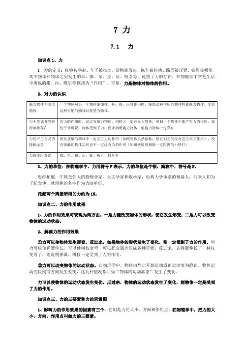新人教版八年级下册物理第7章内能知识点全面总结