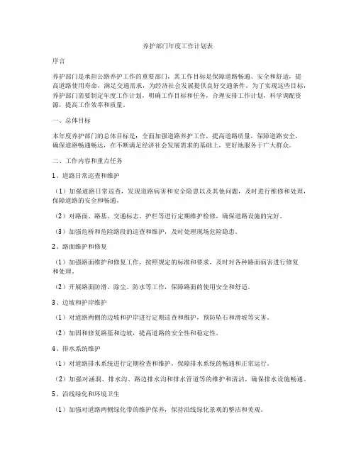 养护部门年度工作计划表