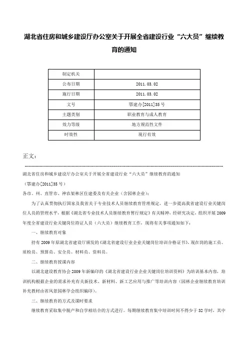 湖北省住房和城乡建设厅办公室关于开展全省建设行业“六大员”继续教育的通知-鄂建办[2011]35号