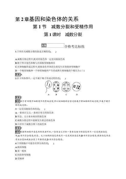人教版(2019)高中生物必修二课后习题 第2章 第1节 第1课时 减数分裂(含答案)