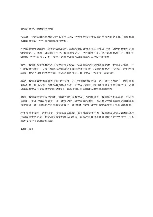 高标准农田巡察整改专题生活会发言材料