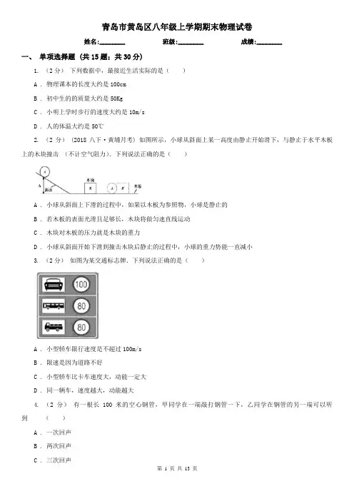 青岛市黄岛区八年级上学期期末物理试卷