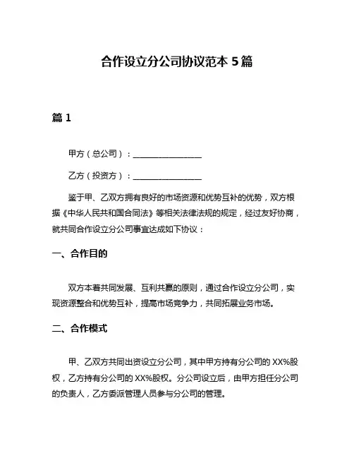 合作设立分公司协议范本5篇