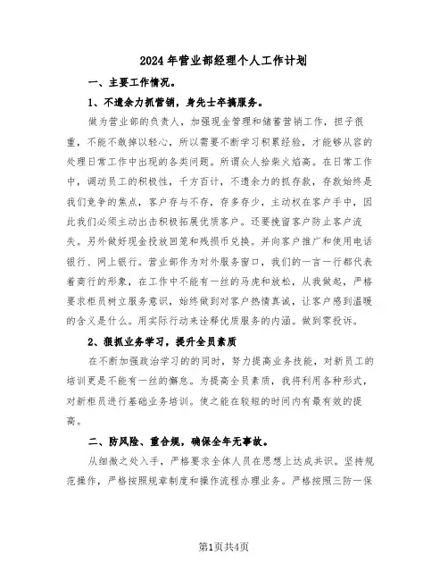 2024年营业部经理个人工作计划（二篇）