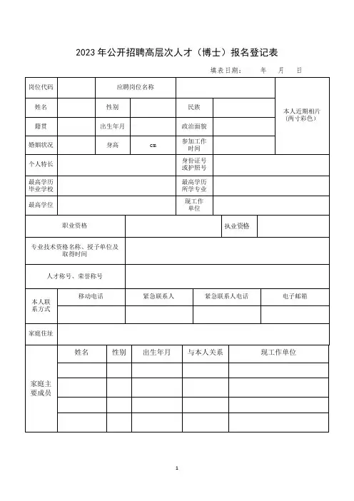 公开招聘高层次人才(博士)报名登记表