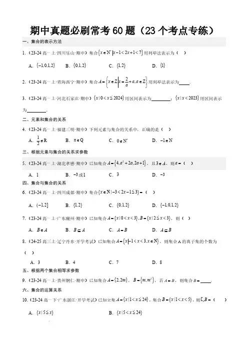 期中真题必刷常考60题(22个考点专练)(原卷版)—高一数学上学期期中