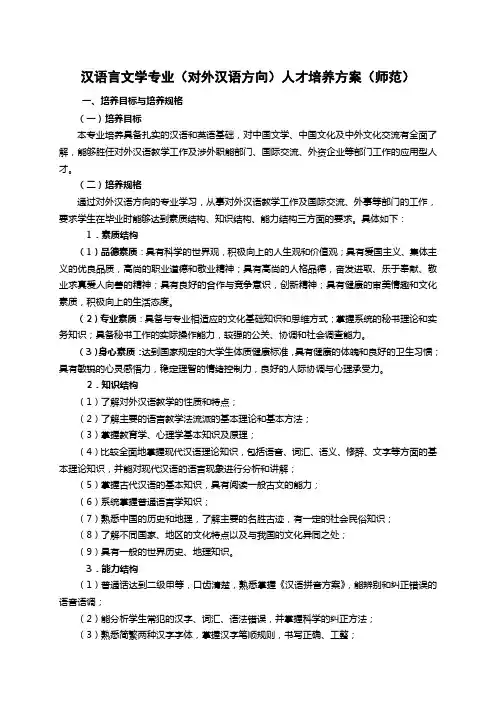汉语言文学专业对外汉语方向人才培养方案师范