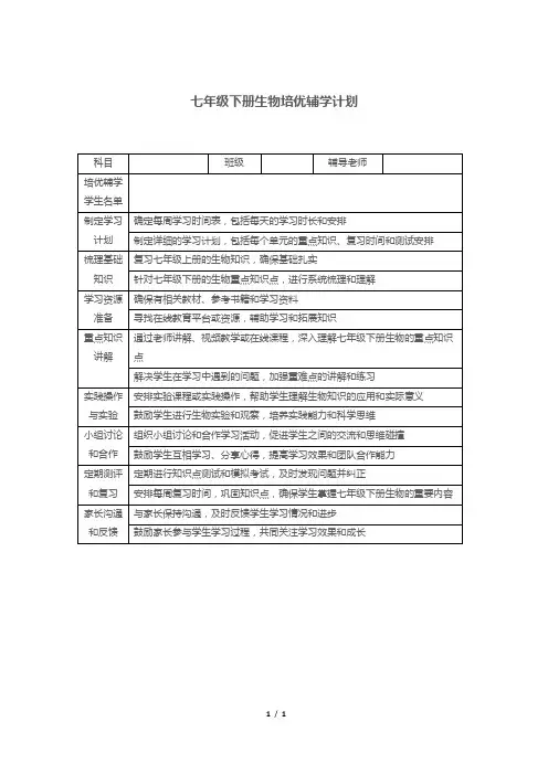 七年级下册生物培优辅学计划