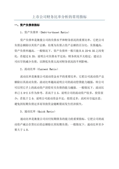 上市公司财务比率分析的常用指标