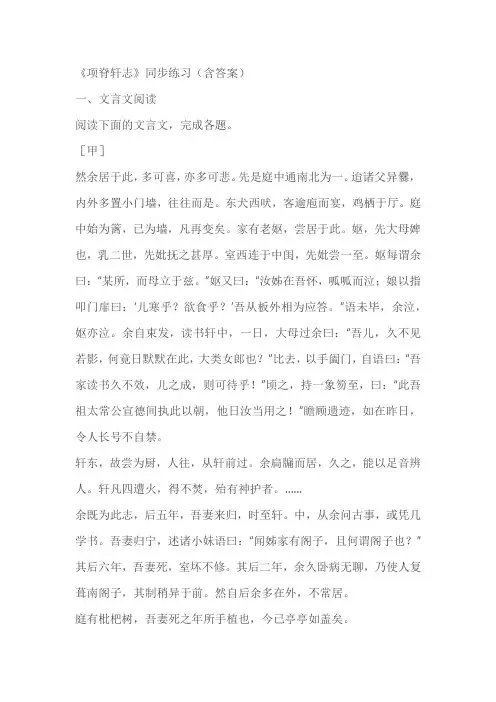 《项脊轩志》同步练习(含答案)