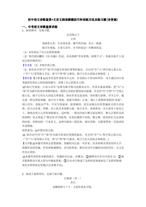 初中语文诗歌鉴赏+文言文阅读解题技巧和训练方法及练习题(含答案)