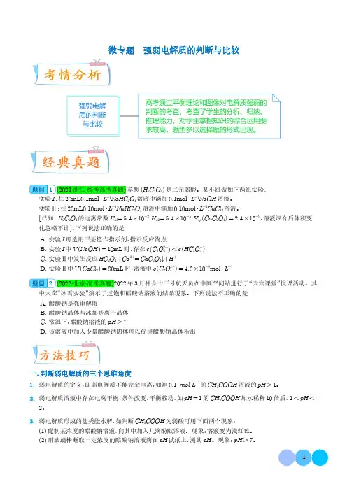 强弱电解质的判断与比较--2024年高考化学考点微专题(学生版)