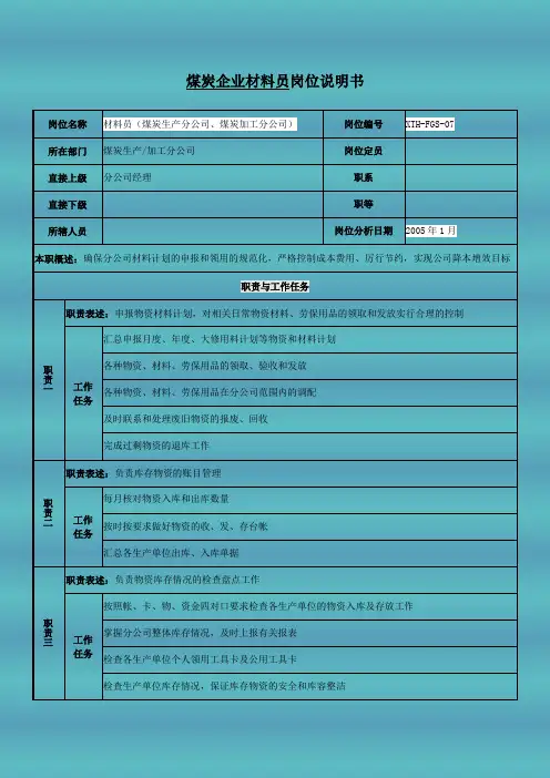 煤炭企业材料员岗位说明书