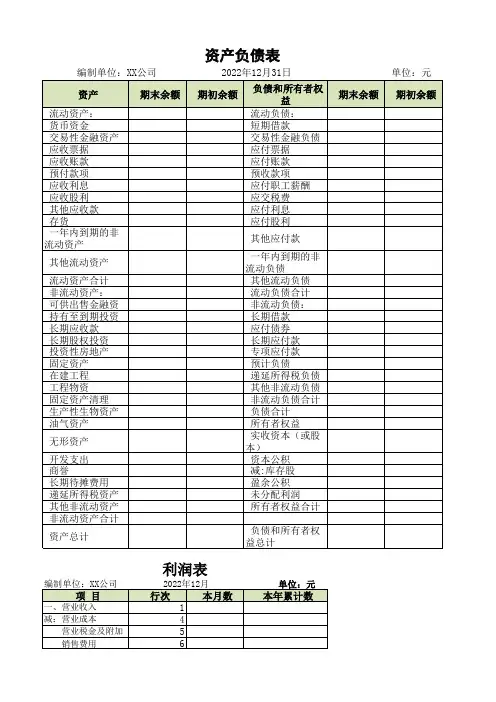 资产负债表、利润表、现金流量表 财务报表模板