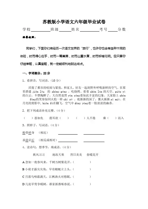 苏教版小学语文六年级毕业试卷