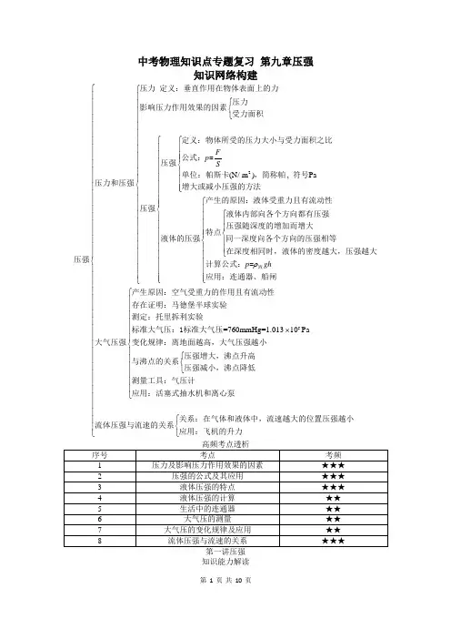 中考物理知识点专题复习 第九章：压强