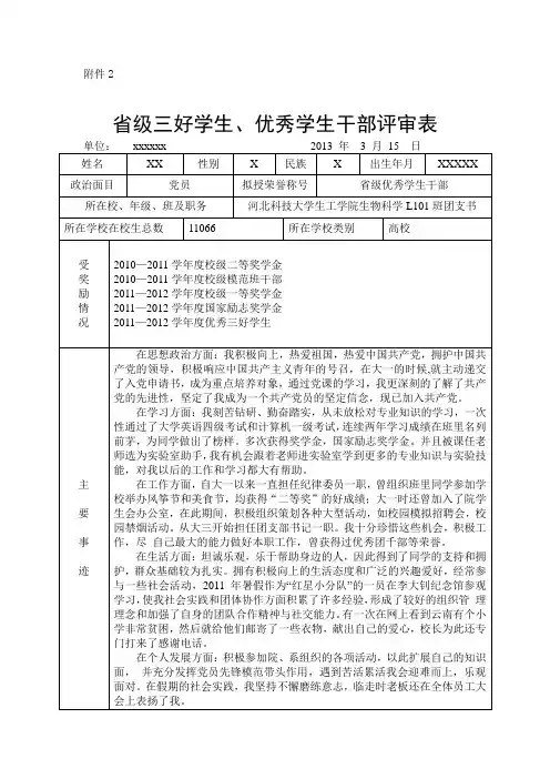 省级三好学生评审表
