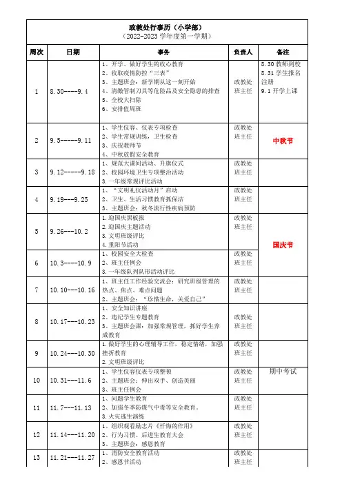 中小学学校政教处行事历(小学)