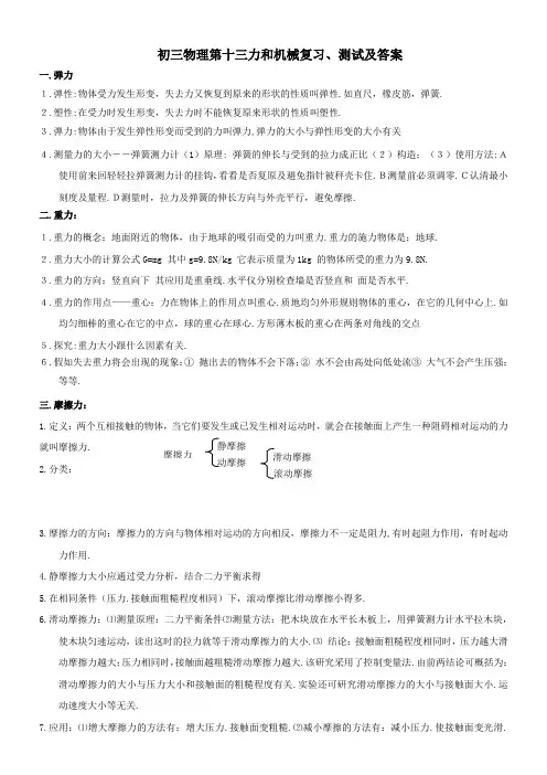 初三物理第十三力和机械复习、测试及答案