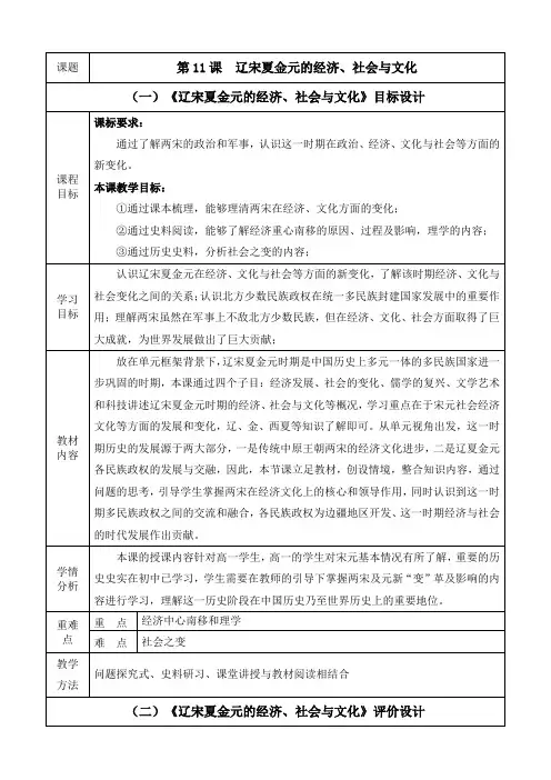 第11课辽宋夏金元的经济社会与文化教学设计--高中历史2019必修中外历史纲要上册