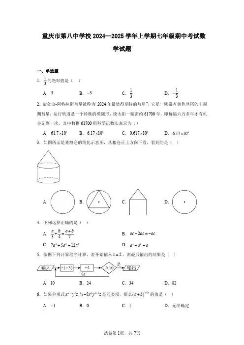 重庆市第八中学校2024—2025学年上学期七年级期中考试数学试题