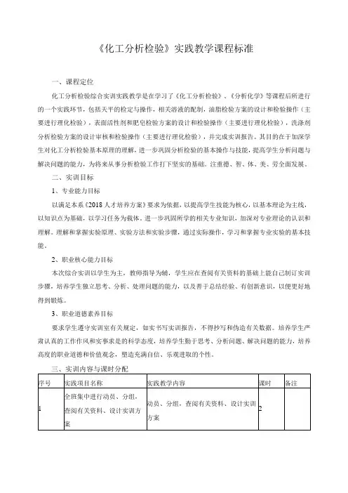 《化工分析检验》实践教学课程标准