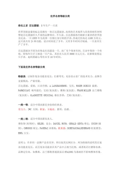 世界名表等级分类
