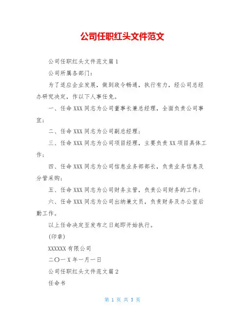 公司任职红头文件范文