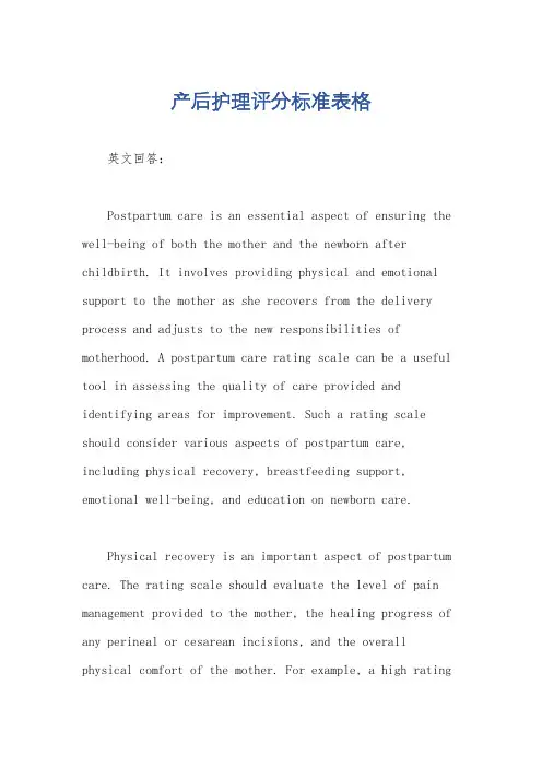 产后护理评分标准表格