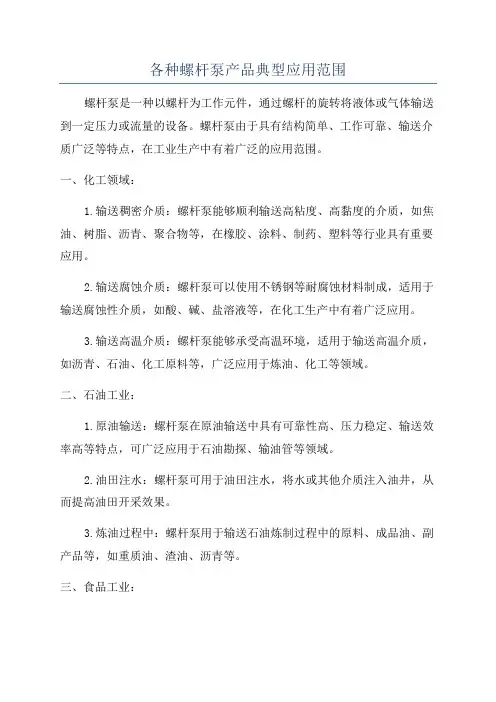 各种螺杆泵产品典型应用范围