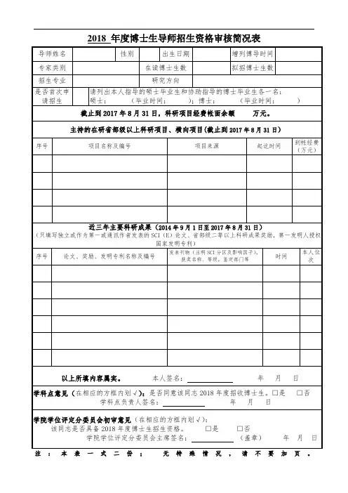 博士生导师招生资格审核简况表