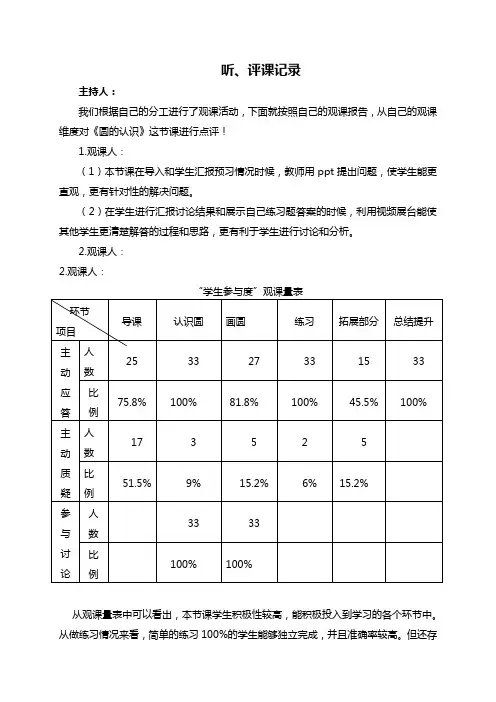 人教版小学数学六年级上册《圆的认识》听、评课记录