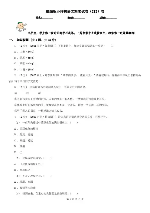统编版小升初语文期末试卷（III）卷