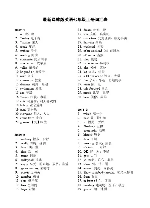 最新译林版英语七年级上册词汇表（打印版）